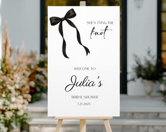 Póster de bienvenida para despedida de soltera "She's Tying The Knot", decoración personalizada con lazo negro para despedida de soltera, letrero de despedida de soltera "She's Tying The Knot"
