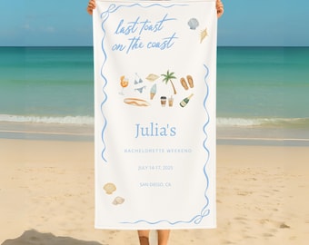 Last Toast on the Coast Bachelorette Beach Towel, Custom Beach Bachelorette Party Towel, Personalized Coastal Bachelorette Party Beach Towel