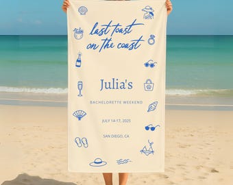 Last Toast on the Coast Bachelorette Beach Towel, Custom Beach Bachelorette Party Towel, Personalized Coastal Bachelorette Party Beach Towel