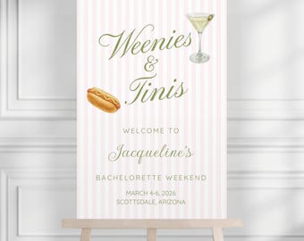 Letrero de bienvenida para despedidas de soltera con Weenies and Martinis, despedida de soltera con Martini, póster de Weenies and Martinis, letrero de despedida de soltera con Weenies and Tinis