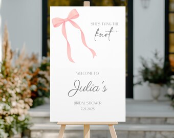 Póster de bienvenida para despedida de soltera "She's Tying The Knot", decoración personalizada con lazo rosa para despedida de soltera, letrero de despedida de soltera "She's Tying The Knot"