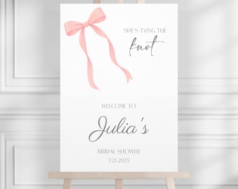 Letrero de bienvenida para despedida de soltera "Ella se casa", letrero de bienvenida personalizado "Ella se casa", póster de despedida de soltera con lazo rosa "Ella se casa"
