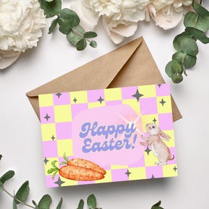 Cartão de Páscoa Xadrez Retro | Coelhinho fofo e cenouras Pastel Saudação de primavera | Presente de Páscoa feliz kawaii