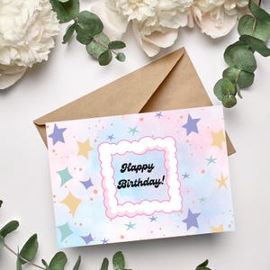 Cartão de Feliz Aniversário Bonito Pastel | Presente de Aniversário | Aquarela | Estrelas e Nuvens Cartão de Aniversário Caprichoso PNG Cartão de Aniversário Imprimível