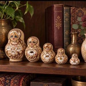 May include: A set of five wooden nesting dolls arranged in a row, each featuring a light beige base with intricate brown and white floral patterns, gold accents, and hand-painted faces with blue eyes, displayed on a dark wooden shelf surface.