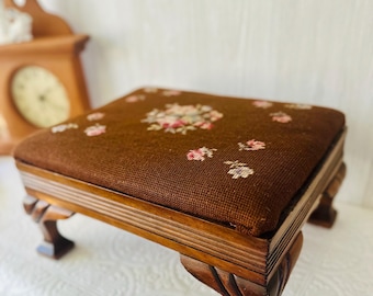 Vintage Brown Floral Embroidered Foot Stool/Ottoman