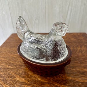 Vintage Clear Glass Hen on Ceramic Nest: Cottagecore Farmhouse Decor