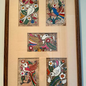 Vintage Framed Amate Bark Painting Collage, Mexican Folk Art