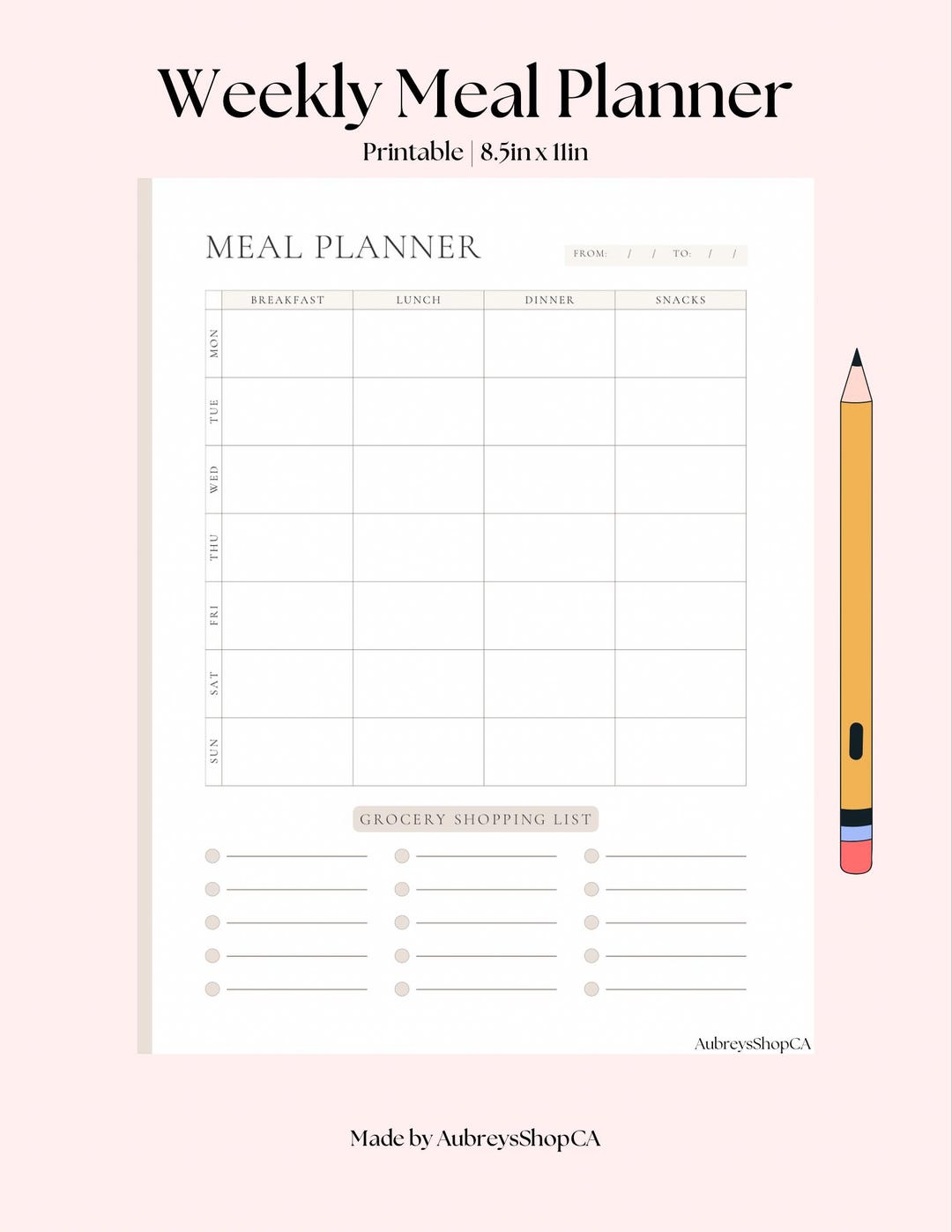 Weekly Meal Planner Template | Instant Download | Printable and ...