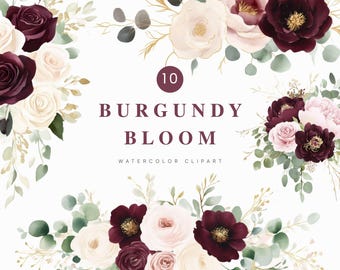May include: Watercolor clipart featuring arrangements of burgundy, white, and blush-colored roses, peonies, and other flowers. Green foliage and gold accents complement the floral designs. The text "Burgundy Bloom" is displayed.