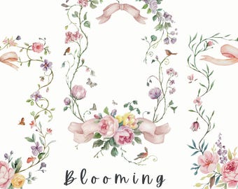 Watercolor Bow Floral Border Clipart, Invitation Clipart, Bows, Preppy Shower, Vintage Garden Frames, Pink Bows, Wreath, Birds, Butterflies