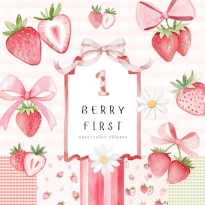 Beere erster Geburtstag Clipart, Kokette Erdbeeren Sammlung, Beere süße Babyparty, Rand, nahtlose Muster PNG, Kinder, kommerzielle Nutzung