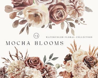 Mocha Mousse Flowers Clipart, Watercolor Whimsical Illustration, Spring, Wedding Invites, Earthy Whimsical, Beige Boho Floral Arrangement
