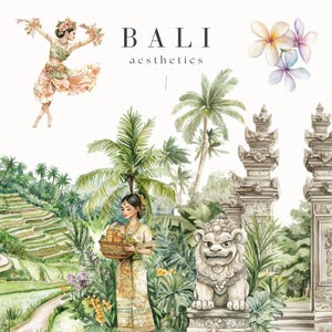 Bali Clipart, Estética em aquarela, Planejador gráfico, Praia de verão, Design de viagem moderno, Férias, Flores exóticas e folhas da selva, Casamento