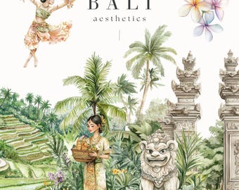 Bali Clipart, Watercolor Aesthetic, Planner Graphic, Summer Beach, Trendy Travel Design, Vacation, Exotic Flowers & Jungle Leaves, Wedding
