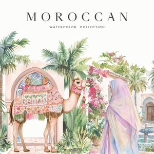 Clipart marocain, téléchargement immédiat, clipart musulman, aquarelle méditerranéenne, esthétique, art islamique numérique, intérieur marocain, chameau