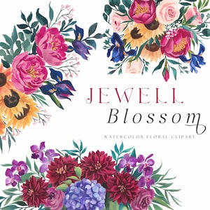 Imágenes prediseñadas de flores en tonos joya, diseños florales vibrantes, descarga digital PNG, gráficos botánicos, flores intensas, invitación de boda, uso comercial