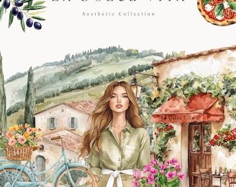 La Dolce Vita Clipart, Italian Wedding Illustrations, Watercolor Summer Vacation Art, Food & Beverages PNG, Digital Download for Invitations