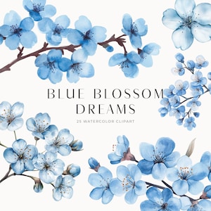 Clipart di fiori di ciliegio ad acquerello blu, Clipart di acquerello stampabile, Primavera stampabile, Ramo di ciliegio, Floreale da matrimonio, Download digitale