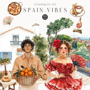 Clipart da Espanha, Estética Espanhola, Comida e Arquitetura, Viagens de Verão na Espanha, Férias em Aquarela, Flamenco, Scrapbooking, Uso Comercial