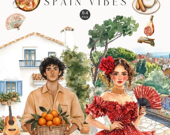 Spain Clipart, Spanish Aesthetic, Food and Architecture, Spain Summer Travel,  Watercolor Vacation, Flamenco, Scrapbooking, Commercial Use