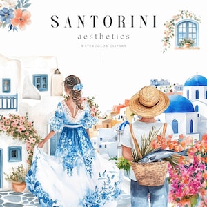 Santorini Clipart, acquerello Grecia Arte, download digitale per artigianato vacanze, immagini PNG istantanee, viaggi estate, arte greca, uso commerciale