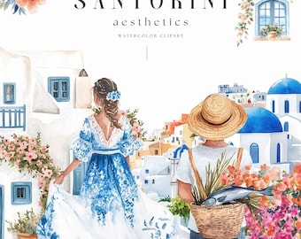 Santorini Clipart, Watercolor Greece Art, Digital Download for Vacation Crafts, Instant PNG Images, Travel Summer, Greek Art, Commercial Use