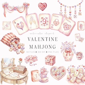 Könnte beinhalten: Aquarell-Illustration mit Valentinstag-Themen-Mahjong-Steinen und dekorativen Elementen. Das Bild enthält einen Beutel mit Steinen, herzförmige Schachteln und Karten mit Zahlen und Valentinstag-Symbolen. Der Text "VALENTINE MAHJONG" wird angezeigt.