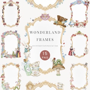 Può includere: Una collezione di 15 cornici PNG di Wonderland con un design dorato ornato. Le cornici presentano illustrazioni di personaggi ed elementi di Alice nel Paese delle Meraviglie, tra cui il cappello del Cappellaio Matto, lo Stregatto e Alice stessa. Il testo "WONDERLAND FRAMES" è visualizzato.