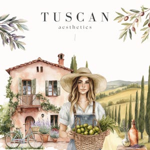 Clipart acquerello toscano, arte di campagna per artigianato, scene di campagna italiana, scrapbooking, estetica, uso commerciale, paesaggi italiani