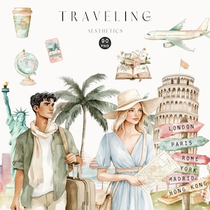 Clipart de viajes de lujo, Viajero apasionado por los viajes, Chicas de verano PNG, Scrapbooking, Turismo bohemio, Planificador de viajes, Gráficos de vacaciones, Uso comercial