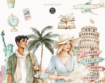 Luxury Travel Clipart, Wanderlust Traveler, Summer Girls PNG, Scrapbooking, Boho Tourism, Travel Planner, Vacation Graphics, Commercial Use
