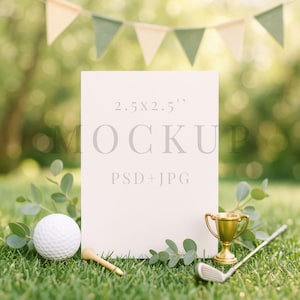 May include: A mockup with the text "MOCKUP" and dimensions "2.5x2.5"" is displayed on a green lawn, alongside a golf ball, tee, miniature golf club, and a gold trophy. A banner of green and beige triangles hangs in the background.