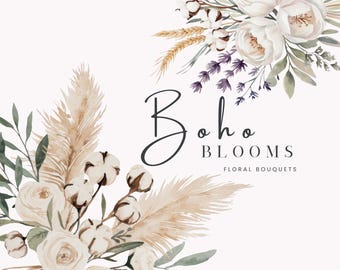 May include: A watercolor illustration of a boho floral bouquet with white flowers, cotton bolls, and dried pampas grass. The text "Boho Blooms Floral Bouquets" is written in black script.