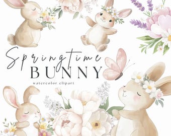 Aquarell Frühling Osterhasen Clipart, niedlicher Osterhase PNG, Blumenfrühling, Kinderzimmer Clip Art, Babyparty einladen, kommerzielle Nutzung