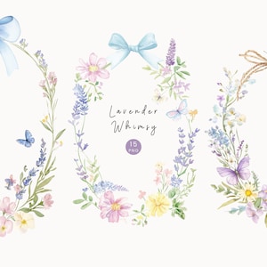 Può includere: Disegni di ghirlande floreali ad acquerello con fiori di lavanda, rosa, gialli e blu, farfalle e fiocchi. Il testo "Lavender Whimsy" è scritto in corsivo. L'immagine include 15 file PNG.