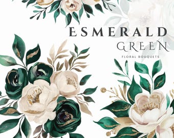 Emerald Green and Gold Flower Clipart, Wedding Clipart, Rose, Green Flowers Watercolor, Quinceañera Verde, Mexican Birthday, Invite, Elegant