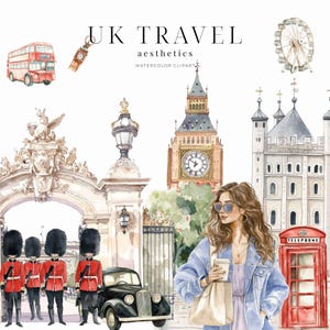 UK Travel Clipart, Großbritannien, Mädchen Reise nach London, britische Clipart, London Bus, Goodnotes Aufkleber, Stadt Landschaft, kommerzielle Nutzung