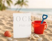 Beach Birthday Invitation Mockup, Kids Mockup, Greeting Card Mockup, Summer 5X7 Card Mockup, Blank Card, Sand Mockup, Smart Object, PSD, JPG