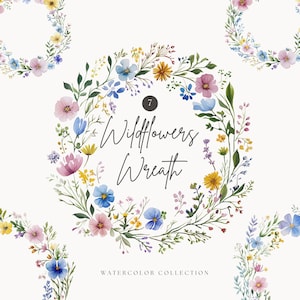 Watercolor Wildflower Wreath Clipart, Meadow Flowers, Paper Craft, Floral Wreath, Spring Flower Frames, Botanical Wedding, Commercial Use