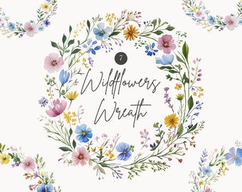 Watercolor Wildflower Wreath Clipart, Meadow Flowers, Paper Craft, Floral Wreath, Spring Flower Frames, Botanical Wedding, Commercial Use