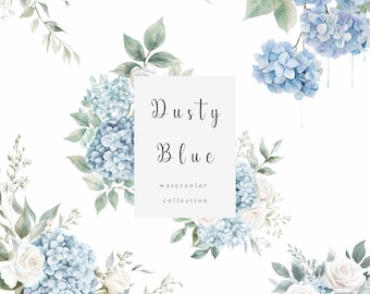 Dusty Blue Clipart, Wild Flowers Watercolor, Floral Borders, Wedding Clipart, Blue Floral Graphics, Digital Art, White Roses, Commercial Use