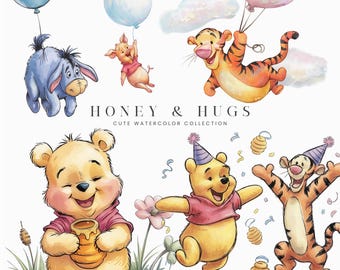 Clipart de oso de miel, sublimación de abejas de miel, baby shower vintage de Pooh, cumpleaños de niño, bebé niña, decoración de fiesta, oso y amigos, uso comercial