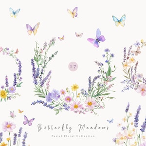 Clipart fleurs sauvages et papillons, éléments floraux pour le printemps, été en téléchargement numérique, couronne de fleurs papillons, bordure florale PNG