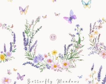 Wild Flowers and Butterflies Clipart,  Floral Elements for Spring, Summer Digital Download, Butterflies Floral Wreath, Floral Border PNG