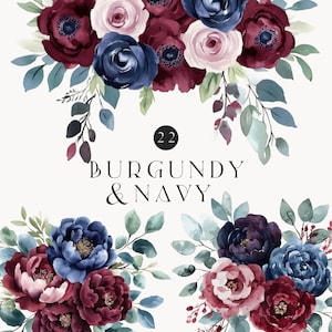 Burgunder und Marine Blumen Clipart, Blumenarrangements, Aquarell Blumen, Hochzeitssträuße, blaue und rote Blume, Kranz, kommerzielle Nutzung