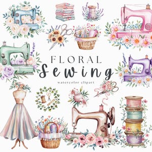 Watercolour floral sewing machine clipart, Vintage PNG Digital Download, Crafting, Scrapbooking, Cottagecore , Shabby Chic, Commercial Use