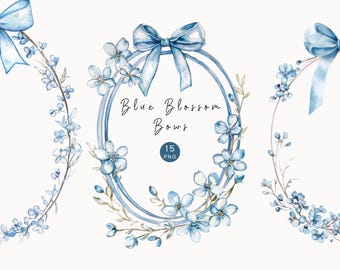 Watercolor Bow Floral Border Clipart, Cherry Blossom Clipart Blue, Printable,Bow Ribbon, Wedding Invitation Frame, Digital Download,