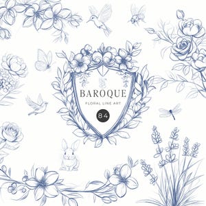 Clipart cadre baroque, dessin au trait, écusson de mariage, écusson victorien vintage, fond transparent, ornement royal, chinoiseries, bleu toile