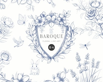 Baroque Frame Clipart, Line Art, Wedding Crest, Vintage Victorian Crest, Transparent Background, Royal Ornamental, Chinoiserie, Toile Blue